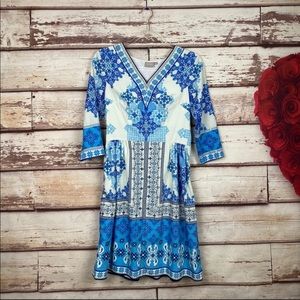 eShakti floral kaleidoscope blue & white dress